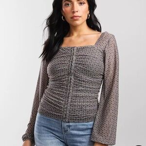 Gimmicks by BKE Ruched Floral Top Square Neck Hook and Eye Blouse Buckle Fall